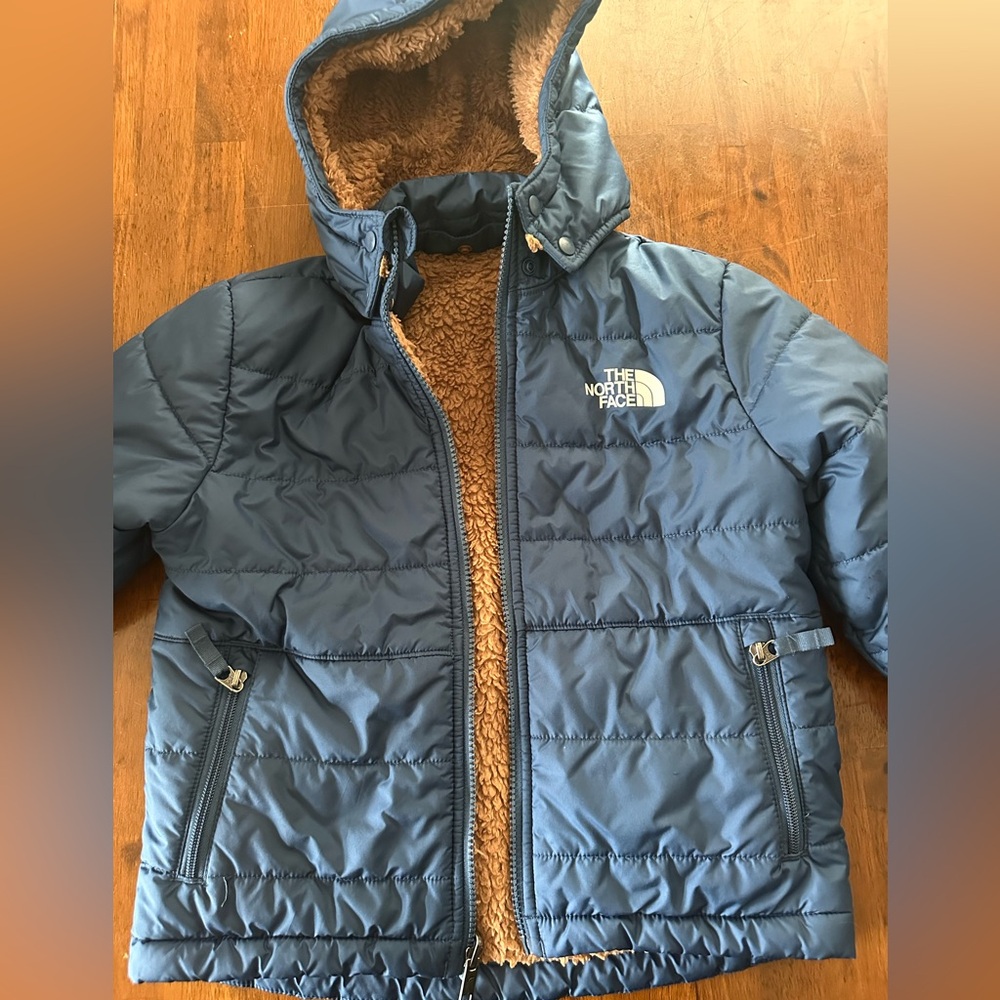The North Face Kids Navy Puffer Jacket with Brown Lining